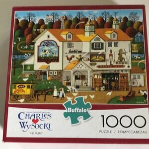 Charles Wysocki 1000 piece puzzle “the farm” complete with poster cows chickens